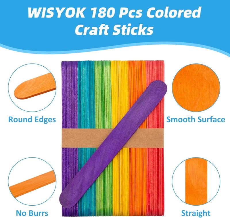 WISYOK 180 Pcs 6' Colored Jumbo Wooden Craft Sticks - Rainbow Wooden Popsicle Sticks for Creative Designs or Kids Education, Home Art Projects - Image 2